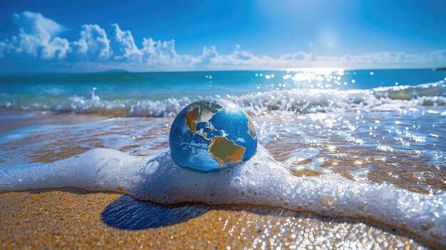 Globo en arena con ondas suaves que simbolizan la protección del océano bajo un cielo azul claro en el Día Mundial de los Océanos
