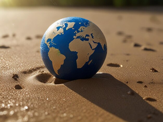 un globo en la arena con la palabra mundo en él