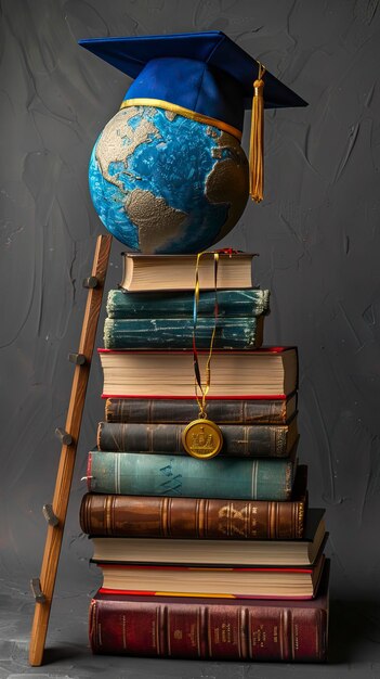 Foto un globo azul con una gorra de graduación en la parte superior de la pila de libros coloridos con escaleras de fondo gris