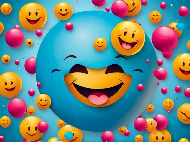 un globo azul con muchos globos de diferentes colores y una cara sonriente