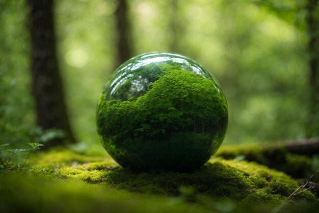 Globo en el bosque verde Concepto de medio ambiente y ecología del calentamiento global