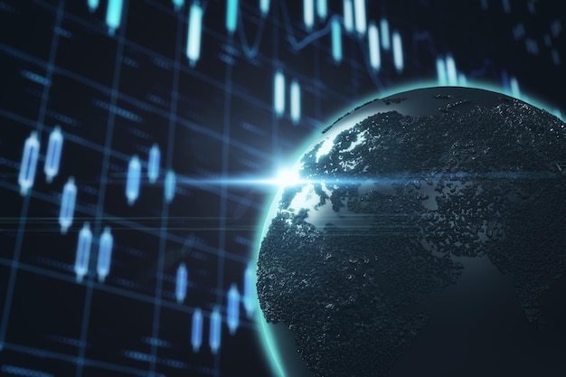 Globo brilhante com interface de negócios digital e gráfico de ações