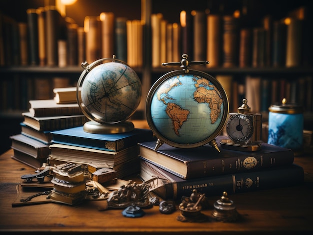 Foto globo colocado encima de los libros en la mesa