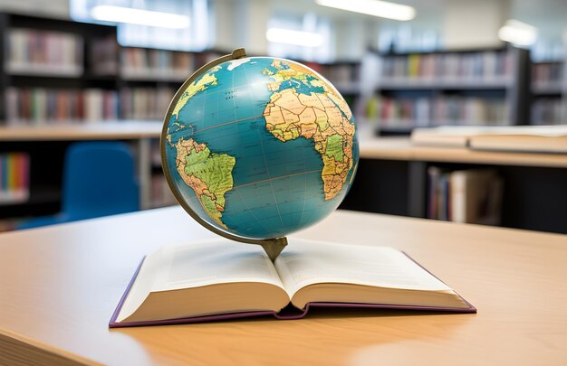 globo com livro em mesa de madeira