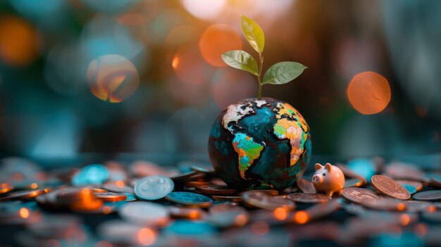 Foto globo com planta crescendo em moedas conceito salve o mundo