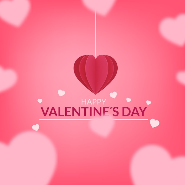 Globo de corazón de papel en cielo rosa para el día de San Valentín y corazones desenfocados. Ilustración 3D.