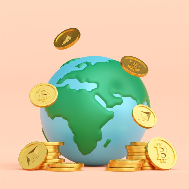 Globo con criptomoneda BTC ETH, ilustración 3d