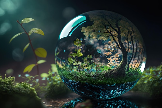 Globo de cristal en el concepto de naturaleza para el medio ambiente ecológico y la conservación generativa ai