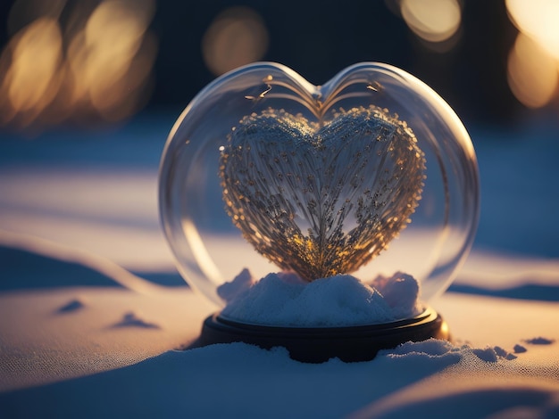 Globo de cristal con corazón colocado en la nieve ai generativo.