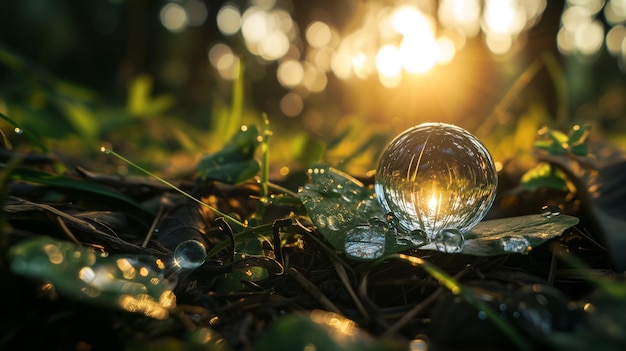 Foto globo de cristal descansando a la izquierda en un bosque con gota de agua concepto de medio ambiente generado por ai