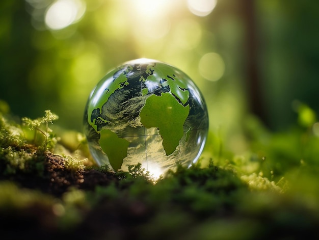 Un globo de cristal se encuentra sobre una superficie cubierta de musgo con el sol brillando sobre él.