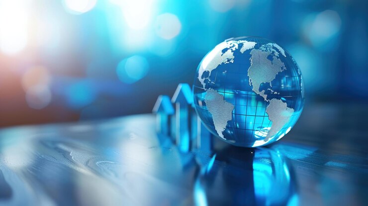 Globo de cristal con flechas de crecimiento financiero que representan la expansión económica mundial y el éxito