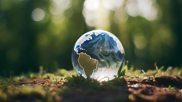 Un globo de cristal en la hierba con el continente de África en él
