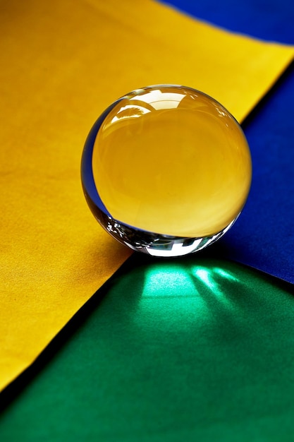 Globo de cristal o gota de agua sobre un fondo de papel de terciopelo amarillo y azul verde Limpiar y brillar