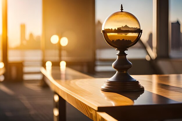 Un globo de cristal con un paisaje urbano de fondo