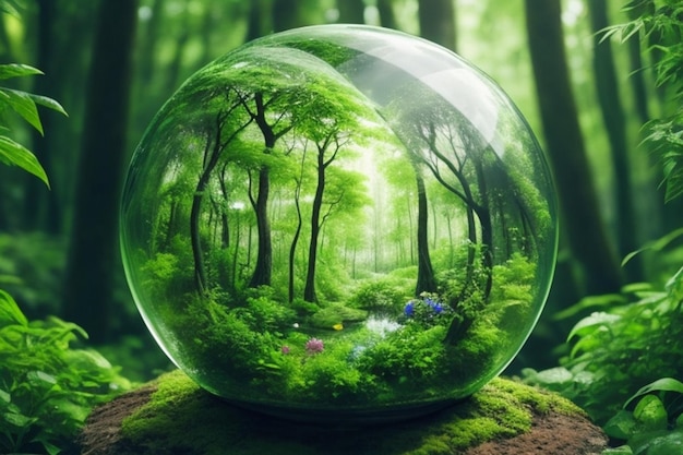 Globo de cristal rodeado de verdes floraciones forestales