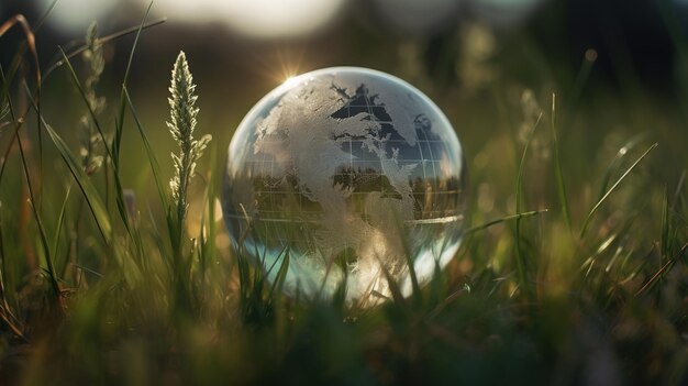 Un globo de cristal se sienta en la hierba con el sol brillando sobre él.