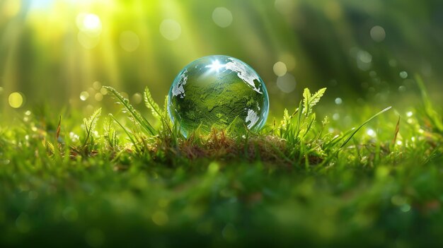 Un globo de cristal se sienta en la hierba con el sol brillando sobre él.