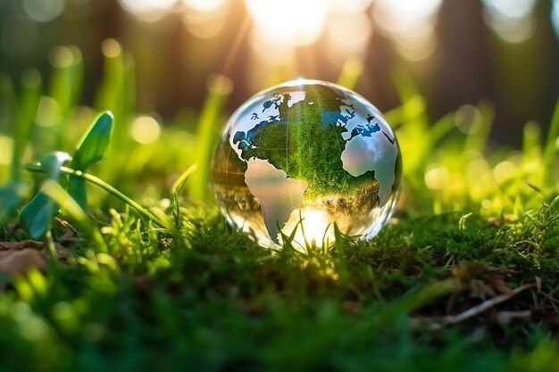 Un globo de cristal se sienta en la hierba con el sol brillando a través de él.