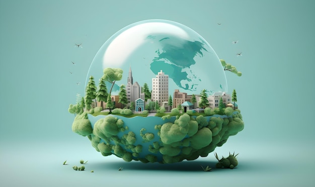 Globo de cristal sobre helechos en el bosque de hierba verde El medio ambiente salva el día mundial de la tierra