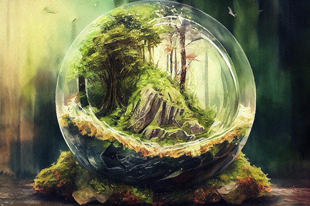 Globo de cristal sobre musgo en un entorno forestal concepto acuarela pintura al óleo efecto Generativo Ai