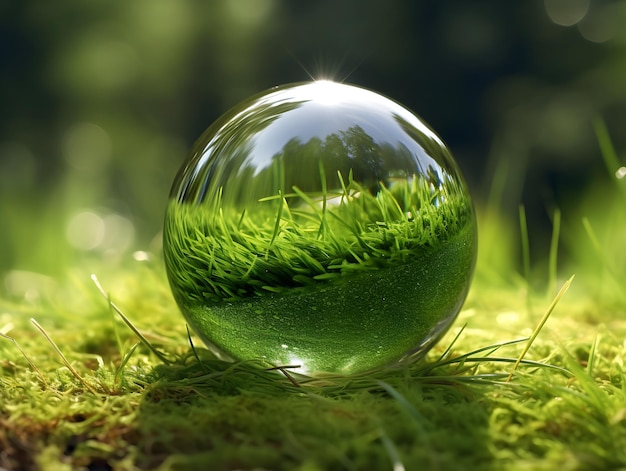 Globo de cristal em samambaias em floresta de grama verde Meio Ambiente salve o Dia Mundial da Terra