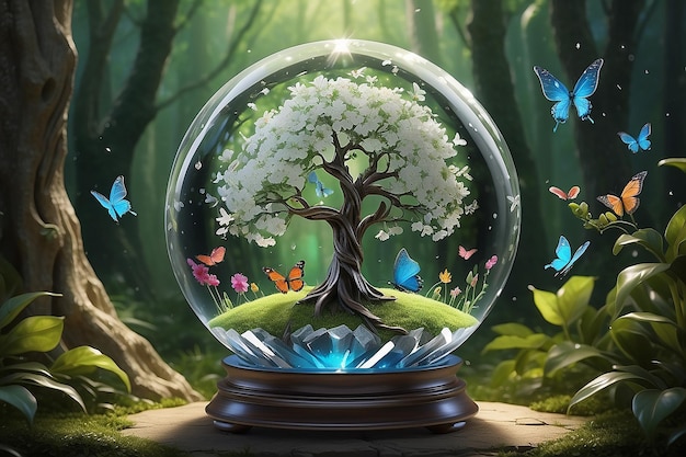 Globo de cristal mágico com árvore de primavera e borboletas