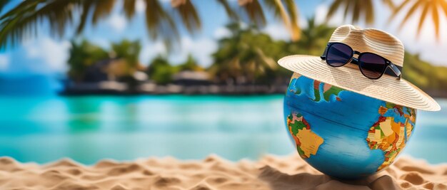 Foto globo de fundo tropical na praia em um dia ensolarado copiar espaço para o texto