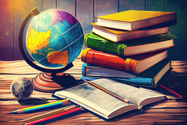 Globo de livros didáticos e lápis em um fundo de madeira Fundo educacional Generative Ai