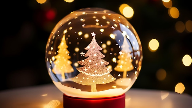 Foto globo de neve com árvore de natal em fundo de luzes bokeh