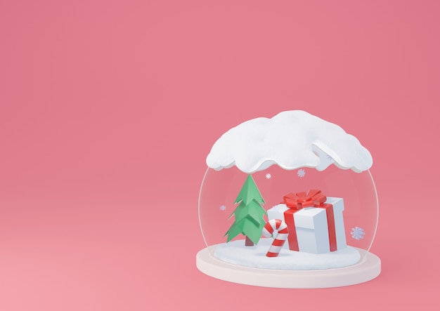 Globo de neve com caixa de presente e bastão de doces dentro. feliz ano novo e feliz natal banner fundo renderização em 3d.