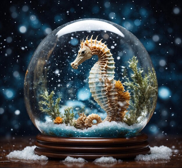 Globo de neve com cavalo-marinho no fundo de Natal de neve