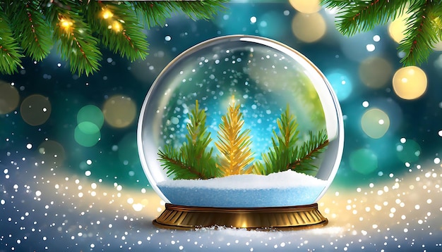 Globo de neve com galhos de abeto e luzes bokeh Ilustração vetorial de fundo de Natal com s