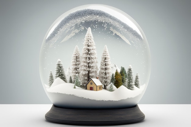 Globo de neve com paisagem interna com casa de montanhas e pinheiros AI