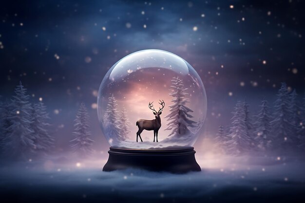 Globo de neve com renas e renderização em 3D de paisagem de inverno