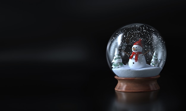 Globo de neve com um boneco de neve, boneco de neve e árvores verdes