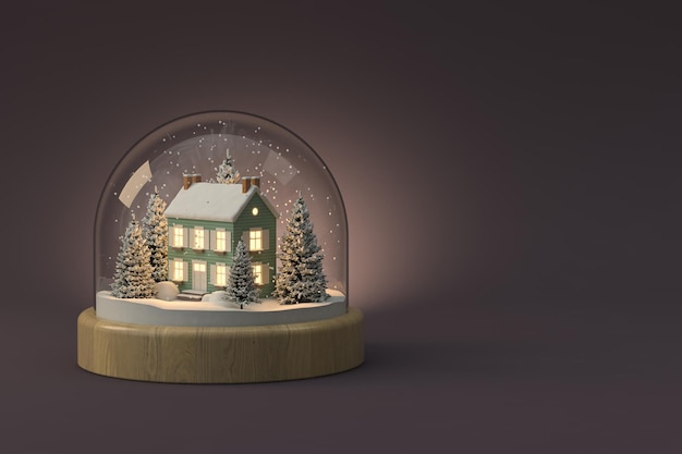 Globo de neve de Natal em branco com casa e árvore dentro de ilustração 3D