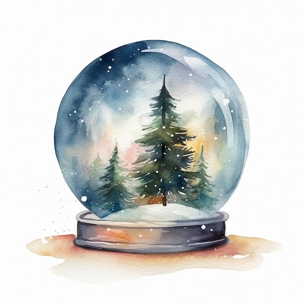 Globo de neve em aquarela com um globo de neve