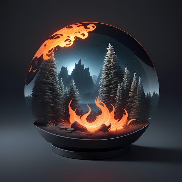 Globo de obsidiana com um fogo dentro dele ambiente de fogo 3d estilizar cena