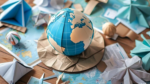 Globo de origami cercado por ícones dobrados de papel que retratam parcerias comerciais internacionais