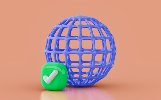 Globo de verificação de rede global com ícone de marca de seleção conceito de renderização 3d para página de destino da web