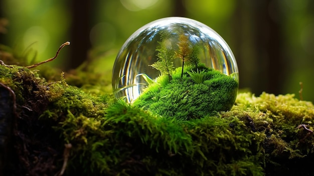 Globo de vidro cercado por um símbolo de flora florestal verde 3D