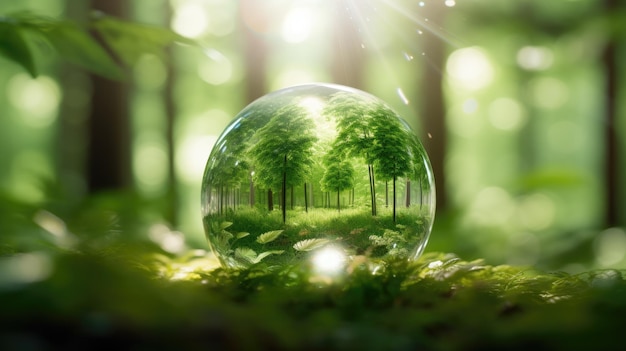 Globo de vidro com ícones de CO2 em floresta verde com luz solar Redução das emissões de carbono carbono