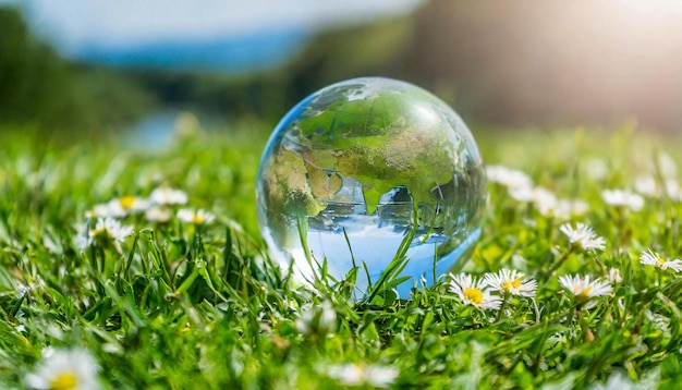 Globo de vidro da Terra em grama verde Esfera de cristal Ecologia e dia mundial do meio ambiente