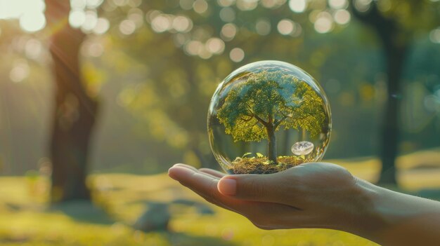 Globo de vidro de mão com conceito ecológico de árvore em crescimento