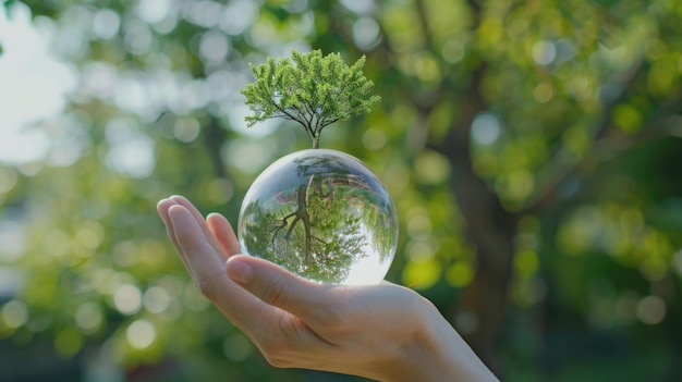 Globo de vidro de mão com conceito ecológico de árvore em crescimento