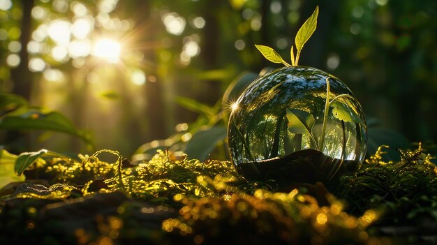 Foto globo de vidro ecológico em uma floresta iluminada pelo sol