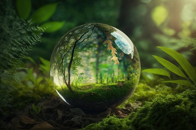 Globo de vidro na floresta de grama verde com luz solar Ambiente salvar dia mundial da terra e conceito de conservação Generative AI