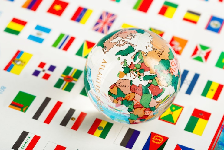 Foto globo de vidro nas bandeiras dos países