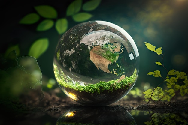 Globo de vidro no conceito de natureza para ambiente ecológico e conservação generativa ai